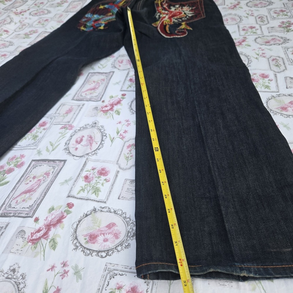 Rare VTG Ed Hardy Mens Blue Dragon Mermaid Embroidered Denim Jeans 38x34 Baggy - Picture 11 of 12